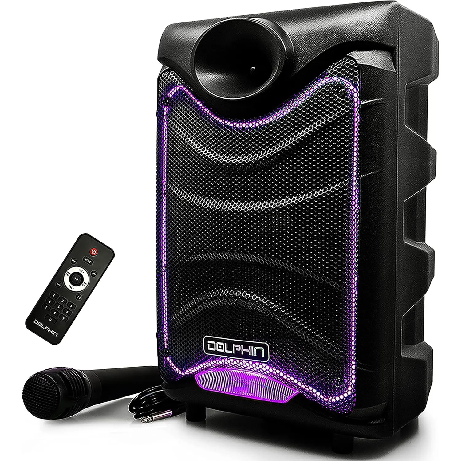 Dolphin Bluetooth Karaoke Loudspeaker System with Dynamic Spin LED Lights and Microphone DJ Party Speaker