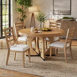 Retro Round Dining Table Set with 4 Padded-Seat Chairs (5-Piece), 42x58in Extensible Top with 16in Removable Middle Leaf, Oak Veneer Natural Finish, Geometric Base for Kitchen, Dining Room