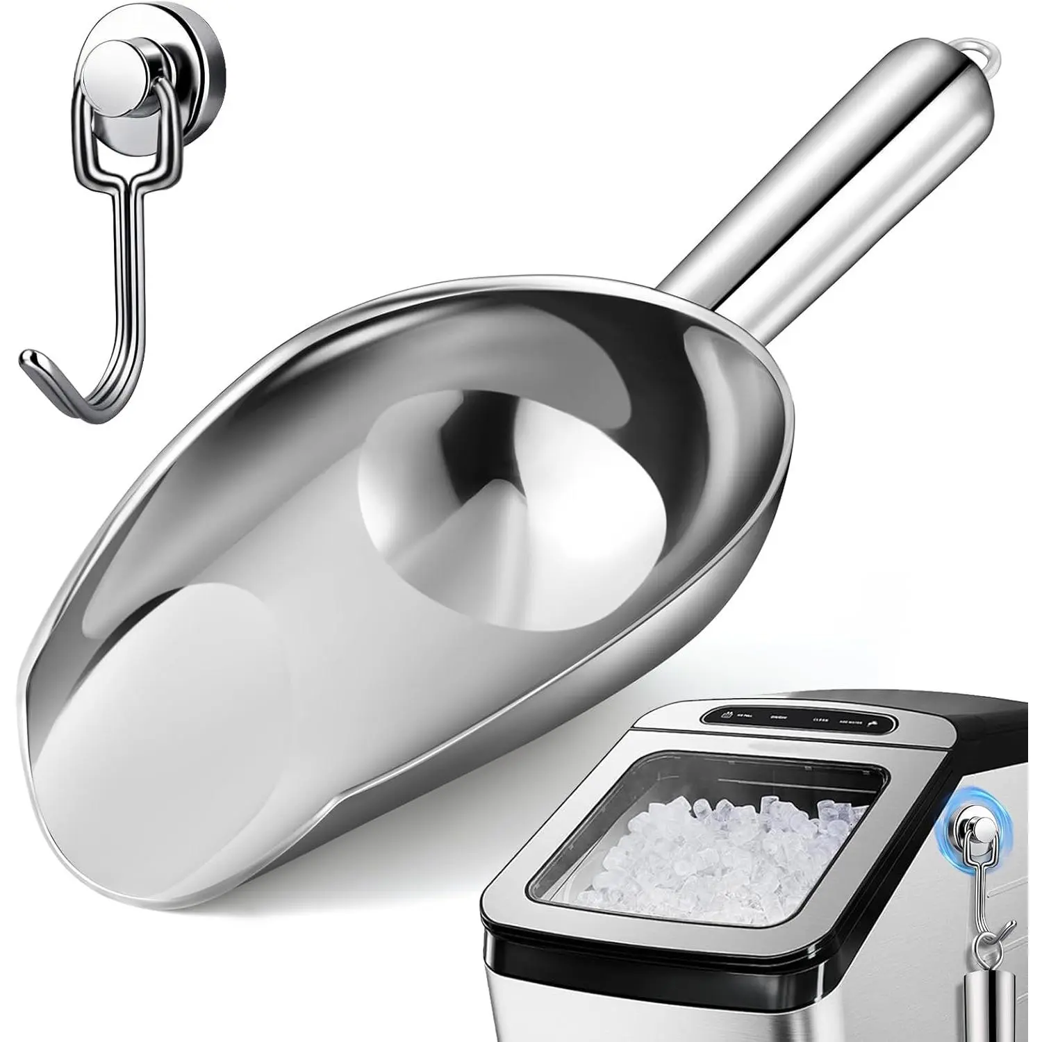 12oz Stainless Steel Ice Scoop for Freezer with  Hook- Dishwasher Safe Ice Scooper for Ice Machine with Long Handle - Metal Scoop for Ice Bucket,  , Flour, Canisters