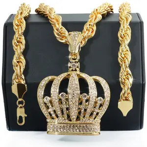 Men's Hip Hop Iced Large KING CROWN CZ Pendant & 8mm 24" Thick Rope Chain Necklace Jewelry - Gold / Silver Plated