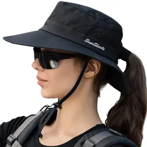 Stylish Wide Brim Ponytail Hat for Women - UV Protection Foldable Bucket Cap for Beach, Fishing, Hiking & Summer Outdoor Adventures