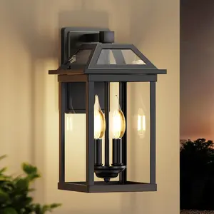 13.5" Exterior Light Fixture 2-Light, Large Outdoor Porch Light, Black Modern Wall Sconce Lamp, Waterproof Coach Lights with Tempered Glass, Outdoor Lights for House(Bulbs Included)