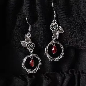 Gothic thorn rose earrings, floral drop earrings, rose pendant, dark style earrings