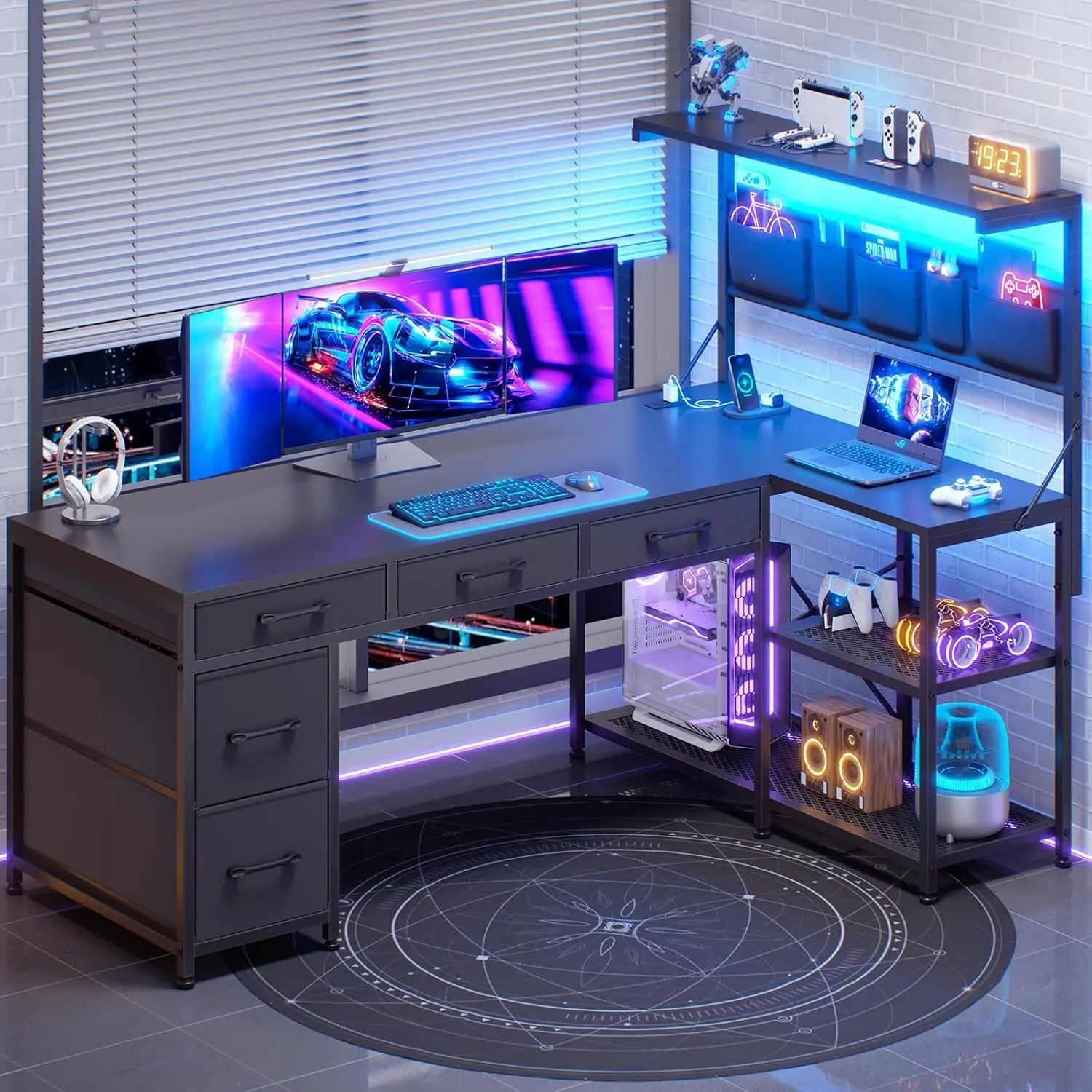 Corner Computer Desk Reversible L Shaped Office Desk with 5 Drawers & LED Lights for Modern Home Office Setup Compact Design for Small Spaces