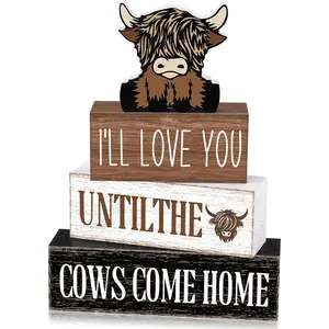 4 Pcs Highland Cow Table Decorations Cow Wooden Signs Rustic Cow Tiered Tray Decor Western Tabletop Centerpieces Farmhouse Distressed Highland Cow Decor for Home Desk Room Kitchen Shelf Decor