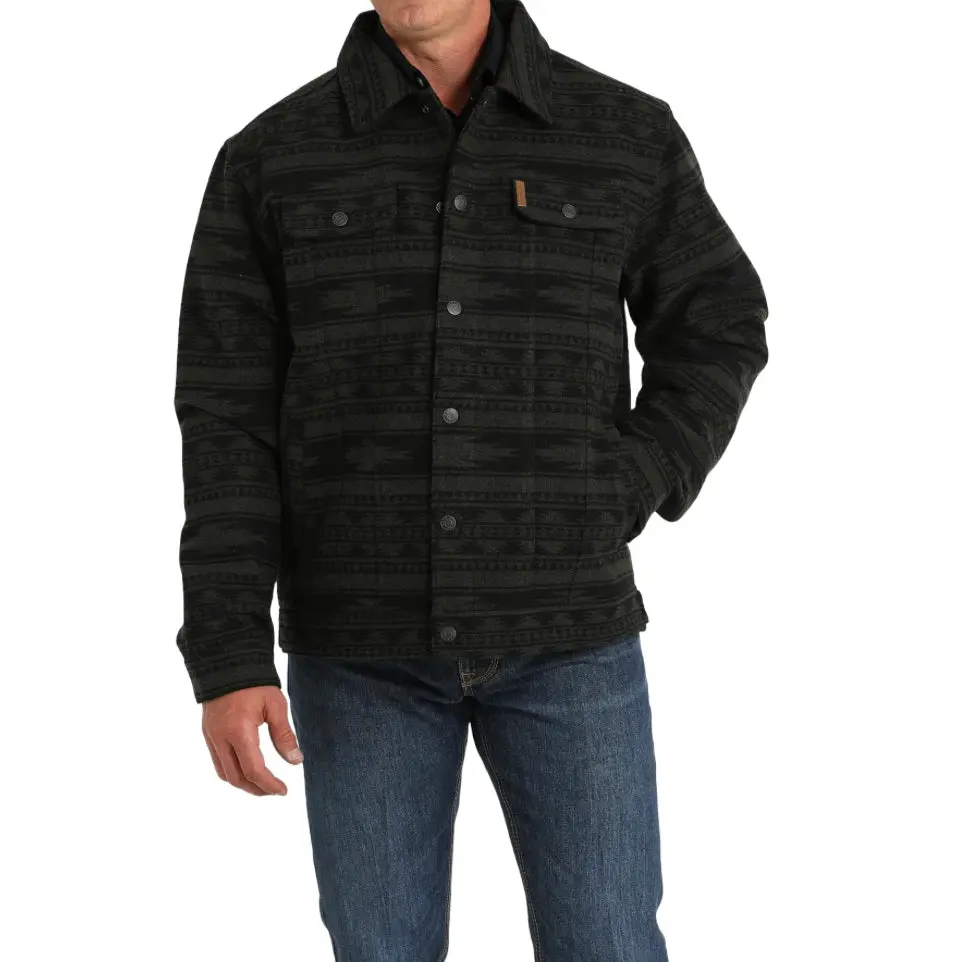 Men's Charcoal Tribal Aztec Pattern Trucker Jacket - Casual Outerwear for Bold Character Individuals with Comfortable Warmth and Rugged Look