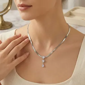 Women's Herringbone Chain Necklace Rhinestone Pendant Adjustable Necklace Elegant Jewelry for Valentine's Gift and Birthday