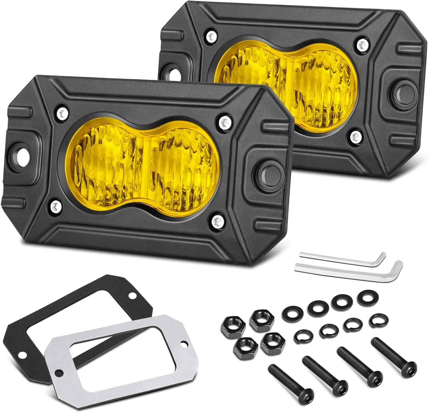 JIEPENG Flush Mount Yellow LED Pods - 2pcs 3in Compact Die-Cast Alum. High Output Fog Lighting, Easy-Install Off-Road Flood Lights for Trucks UTV SUV ATV