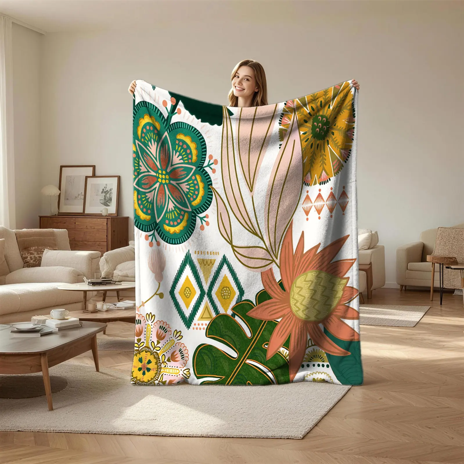 Bohemian Tropical Floral Throw Blanket, Soft Flannel Warm Blanket, Folk Art Print Cozy Blanket, Lightweight Gift Blanket for Couch, Bed, Travel & All Season Use