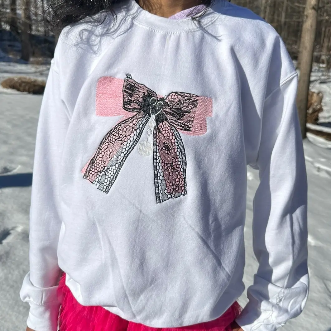 Coquette Bow Lace Ribbon Embroidered Crewneck
