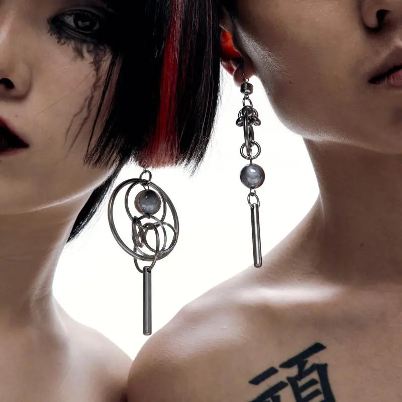 Y2K Futuristic Drop Earrings, Heavy Metal Punk Cyberpunk Style with Edgy Silhouette & Metal Coating, Unisex Neutral Aesthetic Costume Jewelry with Versatile Modern Twist