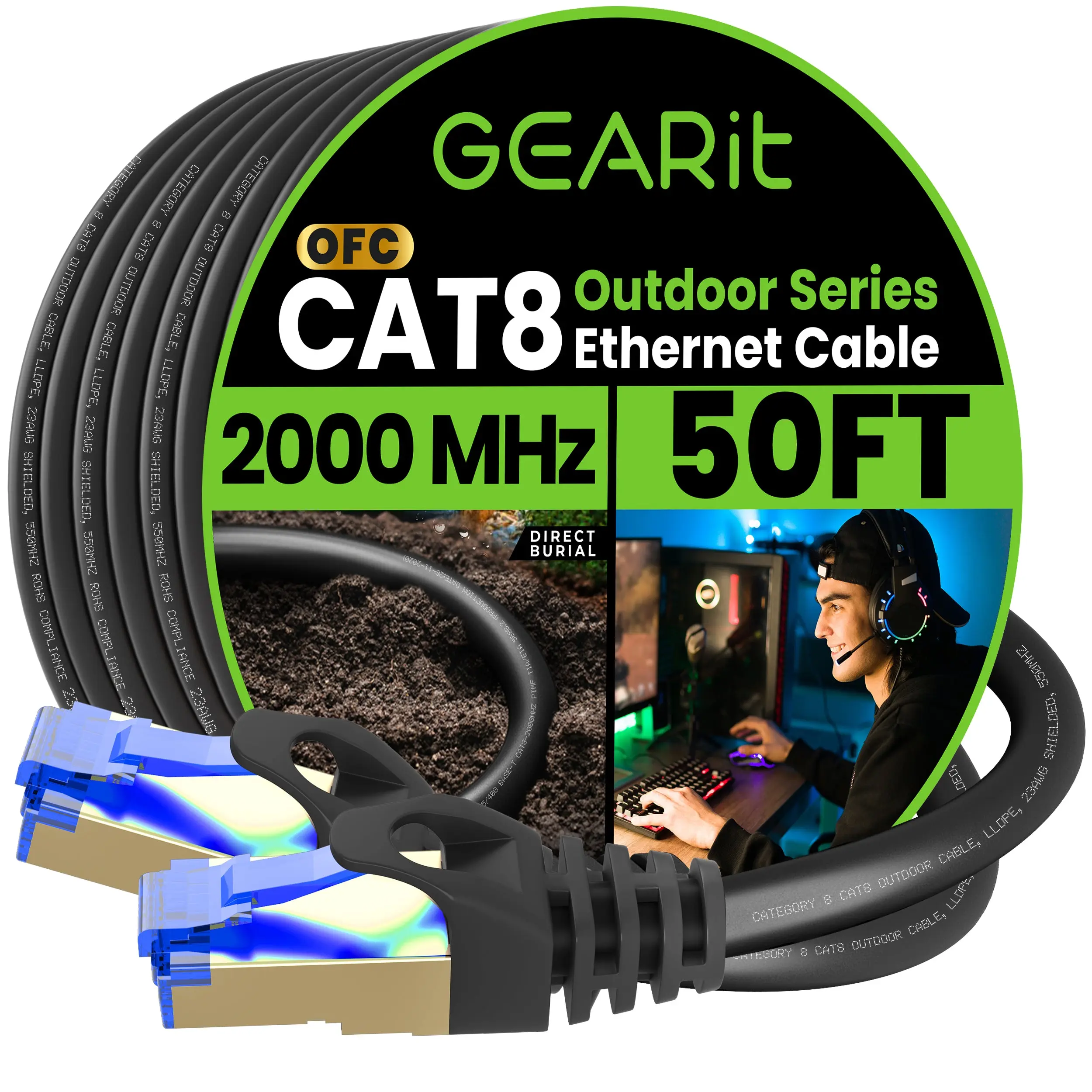 Cat8 Outdoor Ethernet Cable - Waterproof, Direct Burial, In-Ground, LLDPE, Black Cat8 Outdoor Ethernet Cable - Waterproof, Direct Burial, In-Ground, LLDPE, Black