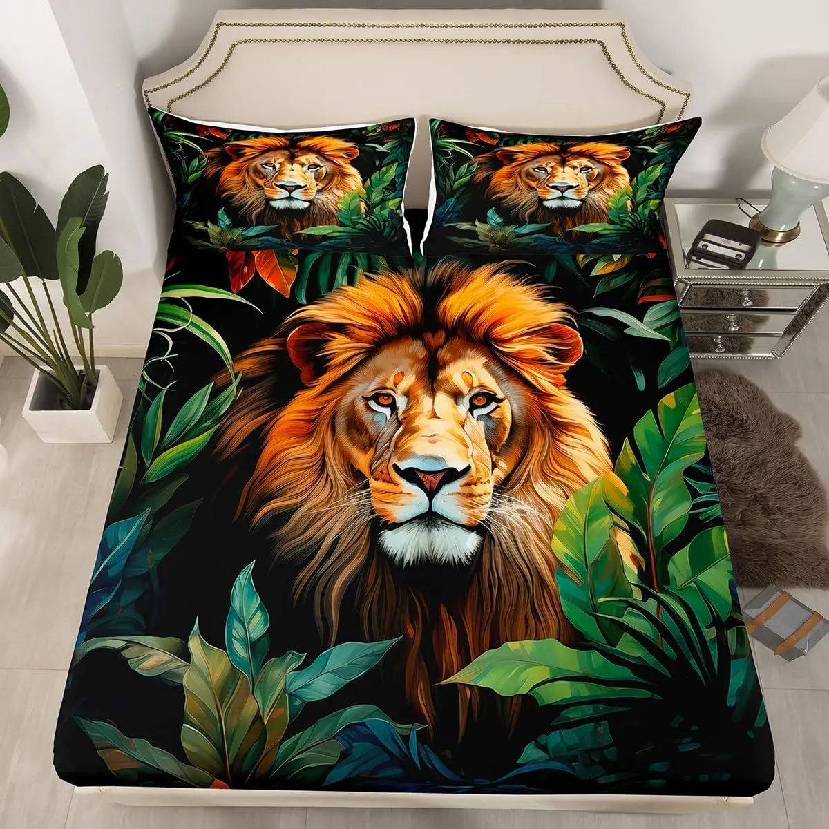 Lion Bedding Set,Animal Bed Sheet Set Fitted Sheet & Pillow Case (No Flat Sheet)