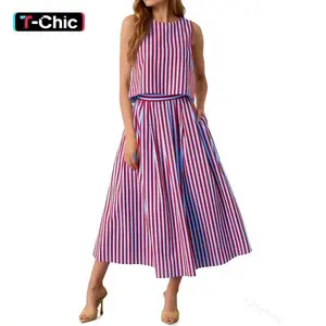 TANKANEO Women's 2-Piece Striped Sleeveless Tank Top & Midi Skirt Set, Lightweight Breathable Casual Comfortable Summer Outfits for Travel, Vacation, Beach, Teacher Wear