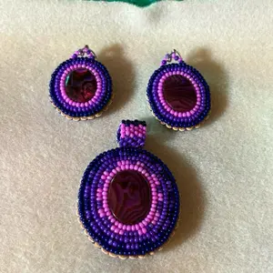 Pink Abalone Handmade Beaded Earrings and Pendant Set- Native American Beaded Jewelry