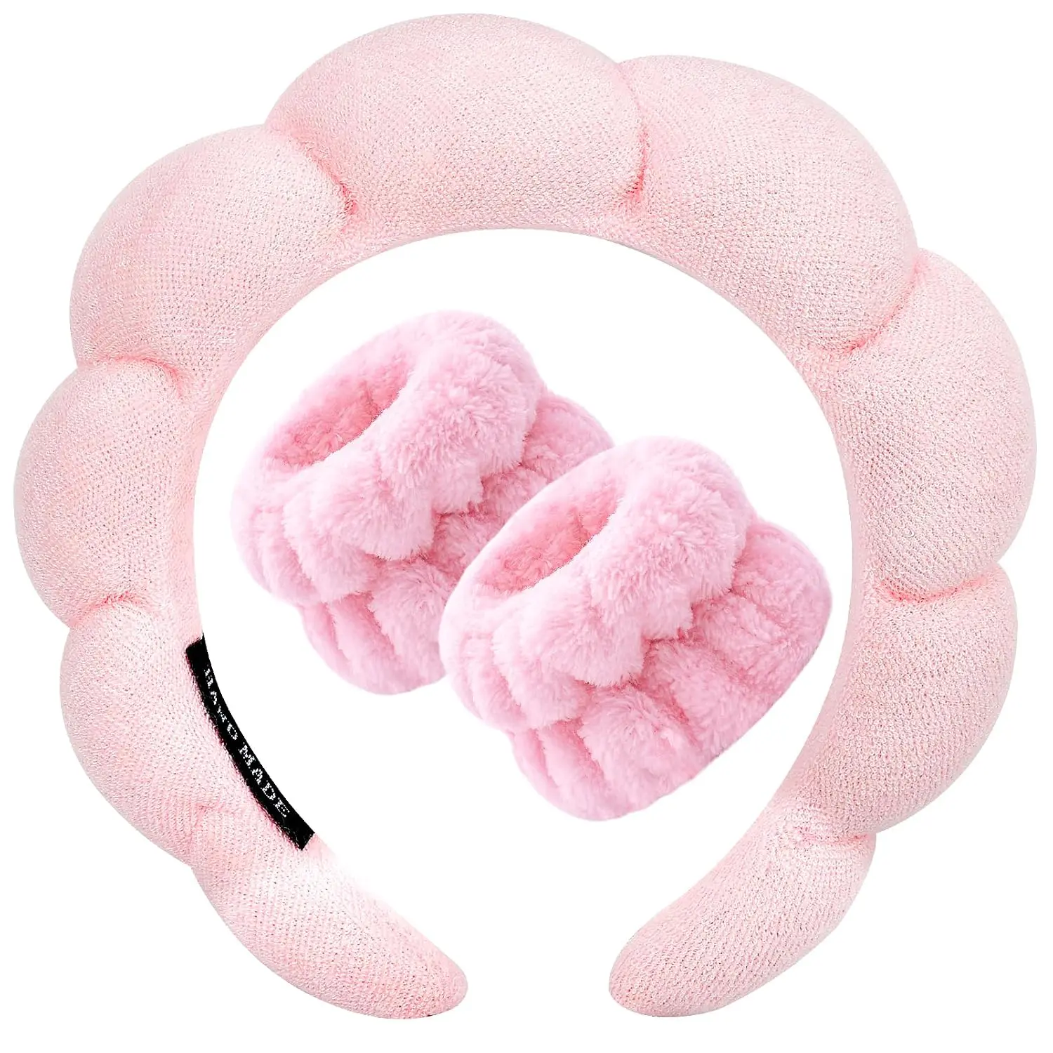 Spa Headband for Washing Face Wristband Sponge Makeup Skincare Headband Terry Cloth Bubble Soft Get Ready Hairband for Women Girl Puffy Padded Headwear Non Slip Thick Hair Accessory(Pink)