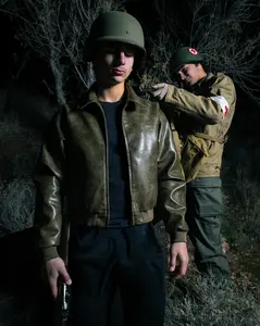 OLIVE BROWN/GREEN TEXTURED LEATHER JACKET