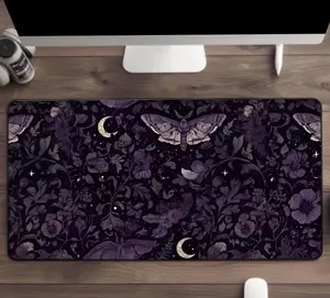 Gothic Cottagecore Desk Mat, Witchy Floral Desk Mat, Moth Mousepad, Large gaming desk mat, Purple Moon desk mat, Home Hoffice Mousepad, gift