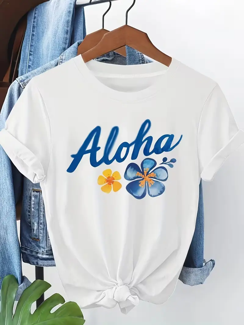 Aloha Watercolor Hibiscus Flower Graphic T-Shirt, Tropical Hawaii Summer Vacation Casual Cotton Short Sleeve Tee For Women