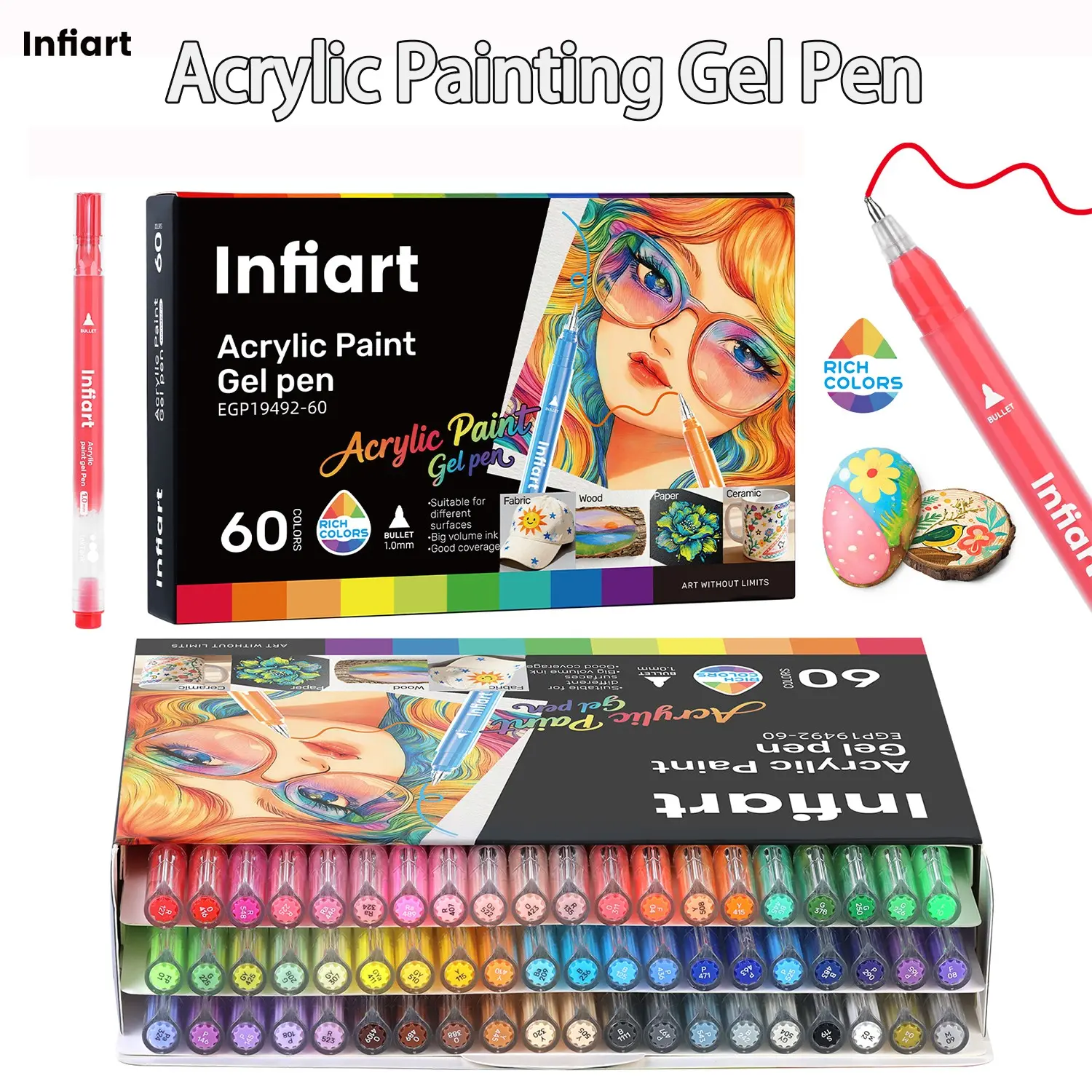 Infiart Liquid Acrylic Marker Set, Acrylic Painting, 60 Colors, 1.0mm Bullet Tip, Large Capacity Smooth Ink, High Coverage Multi-Material Use, Acrylic Painting Markers