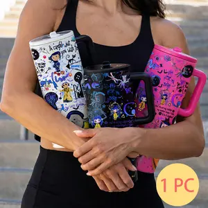 1pc 40oz Stainless Steel Tumbler with Lid & Straw, Coraline Dark Fantasy Style, Vacuum Insulated Thermal Cup, Insulated Travel Drinkware, Keep Hot 12H / Cold 24H, Creepy Cute Travel Mug, Gift for Horror Aesthetic & Animation Enthusiasts