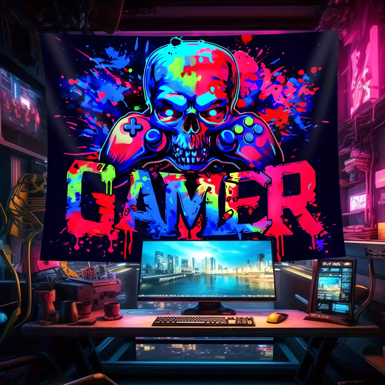 Vibrant Game Skull Fluorescent Rug, Large Gaming Room Photography Background, Home Decor Backdrop, Bedroom Office Living Room Dorm Use, No Installation Needed