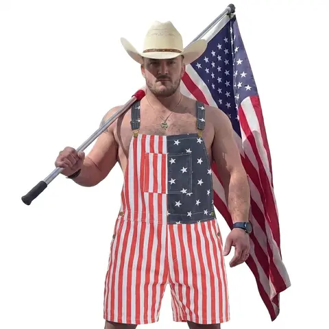 American Flag 4th of July Mens Denim Overalls Shorts USA250 Patriotic Stars Stripes Jean Romper Stretchy Jumpsuit Independence Day Memorial Day Summer Festival Streetwear TikTok Viral Outfit Couples Matching Father's Day Gift Outdoor Workwear