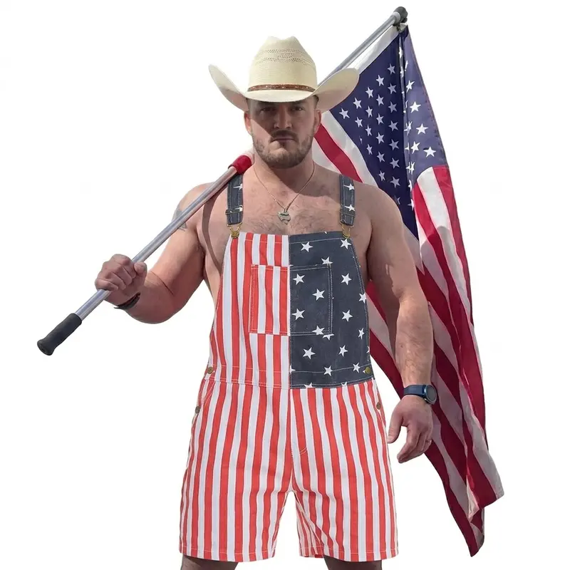 American Flag 4th of July Mens Denim Overalls Shorts USA250 Patriotic Stars Stripes Jean Romper Stretchy Jumpsuit Independence Day Memorial Day Summer Festival Streetwear TikTok Viral Outfit Couples Matching Father's Day Gift Outdoor Workwear