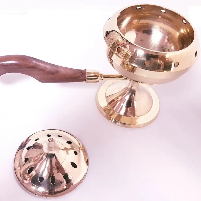 Polished Brass Censer with Wooden Handle for Resin and Cone Incense Burning Freshener Fragrance Aroma