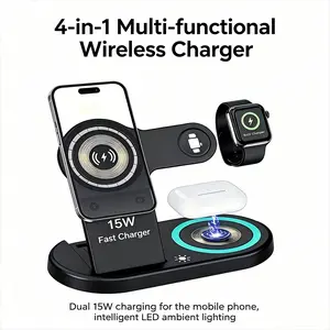 Dual 15W 4-in-1 Wireless Charging Stand - Multi-Functional Desktop Smartphone/Cellphone Holder, Fast Charger with LED for iPhone 8-17 Pro Max, Smart Watches, Wireless Earbuds, Electronic Devices