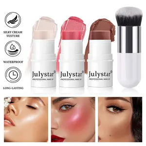 3 Shades Face Highlighter Blush Contour Set with Brush, Silky Cream Texture, Waterproof & Long-Lasting, Easy to Blend, Portable All-In-One Kit