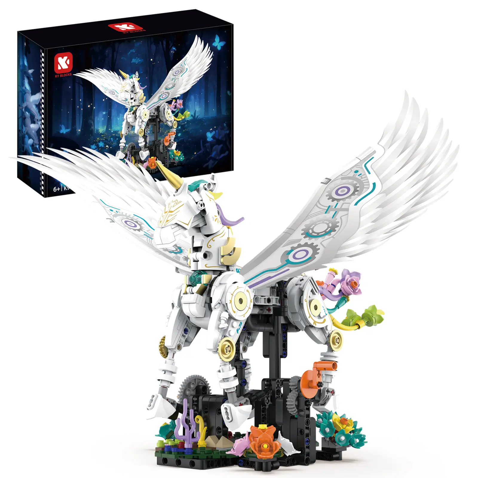 Mechanical Flying Unicorn Technic Building Bricks Set - Crank-Handle Driven Motion Drive, Poseable Wings & Legs, Flower Base, STEM Learning Toy, Collectible Desktop Decoration, Festive Gift for Girls, Stem Fun