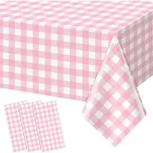 3pcs 54X108inch Pink Checkered Tablecloth,Pink Gingham Tablecloths Buffalo Plaid Disposable Plastic Table Covers for Birthday Baby Shower Bridal Wedding Party Birthday Decorations