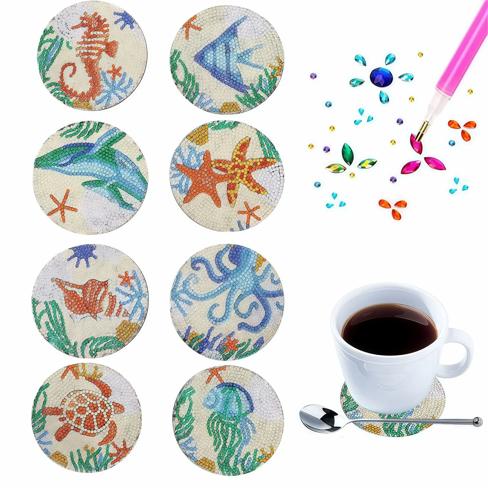 8-piece set of diamond painting kit coaster marine animal pattern wooden material non-slip mat suitable for kitchen, restaurant, bar office use, can be used as all holiday gifts Diamond Painting Coasters