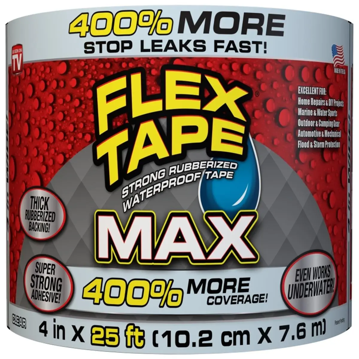 Flex Max Rubber Adhesive Flex Tape, 4 in x 25 ft, Easy-to-Apply, Universal Multi-Surface Compatible, UV-Resistant, Quick-Acting Formula, Underwater-Working for DIY, Toys & Hobbies Projects