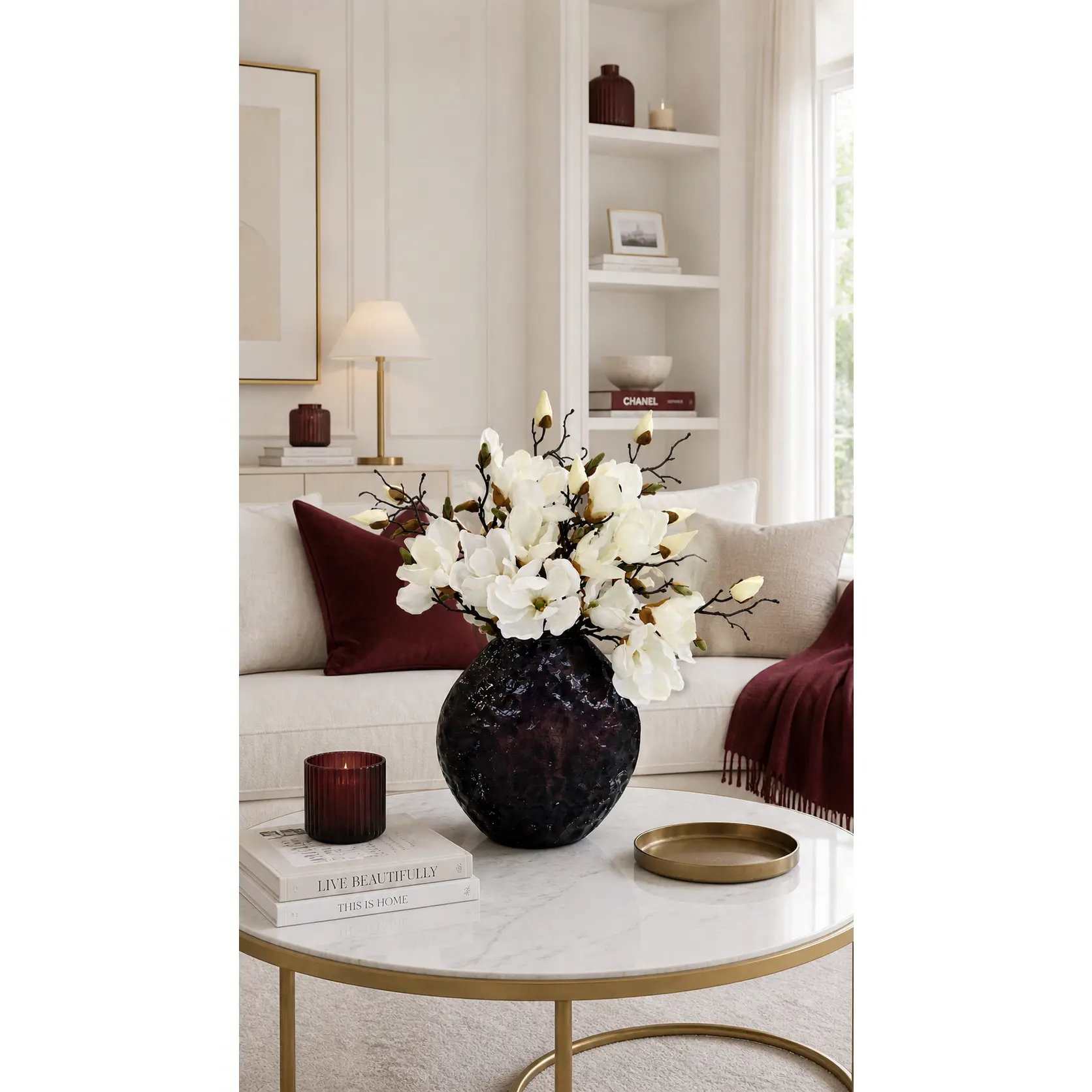 ELEGANT CREAM MAGNOLIA IN TEXTURED VASE
