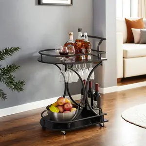 HOLDOLIFE Black 2-Tier Bar Cart with Wine Rack and Glass Holder, Retro Style Rolling Beverage Cart for Kitchen, Living Room, and Dining Room, Slide Bar Serving Cart, Drink Trolley