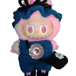 Handcrafted Crochet Labubu Outfit With Purse & Shoes Featuring Pink Bow Accents On The Shoes Adorable Design