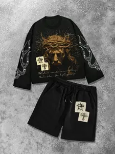 Men's Spring & Fall Two-Piece Set, Short Shirt and Shorts, American Street Style, Stylish Streetwear, Millennium Vintage, Casual Loose Fit, Letter Pattern, Outfit