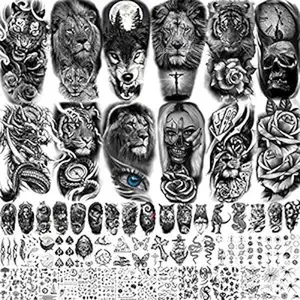 61 Sheets Realistic Skull Tiger Wolf Lion Temporary Tattoos For Women Men Arm Sleeve, 3D Halloween Temp Tattoos Adults Compass Black Rose Flower, Bulk Fake Tattoos That Look Real And Last Long