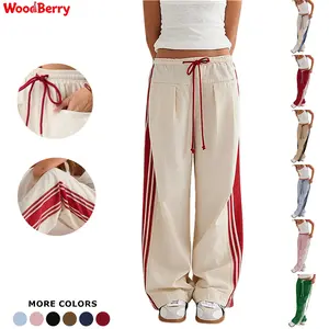 Woodberry Women's Wide Leg Striped Drawstring High-Waist Casual Loose Pocket Colorblock Elastic Sweatpants, Slouchy Palazzo Pants with Side Stripes Apricot Bottom summerwins