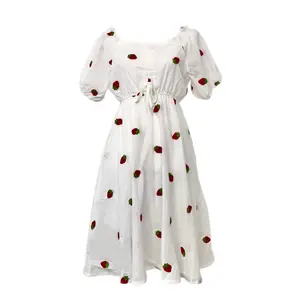 Strawberry Milkmaid Dress - Cottagecore Puff Sleeve Summer Flare Midi Dress