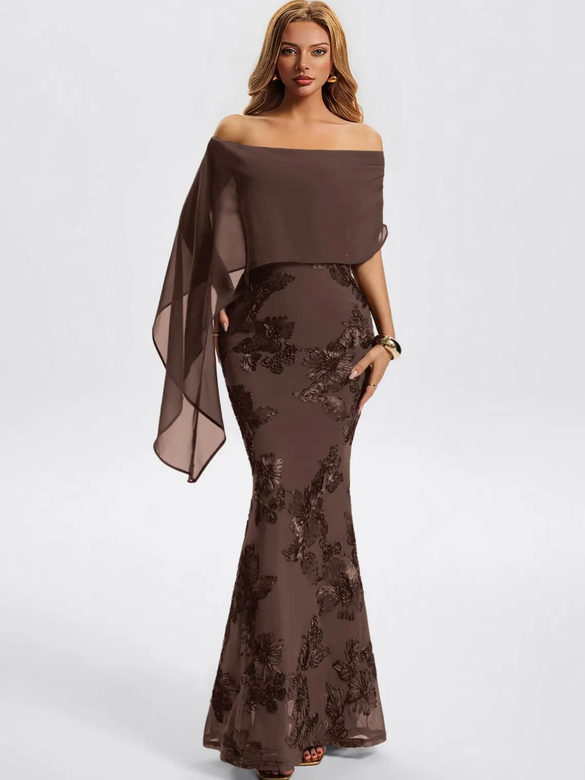 Azazie Rhiannon Off-Shoulder Draped Ribbon Embroidered Mermaid Maxi Dress for Wedding Guest Cocktail Party Evening Formal