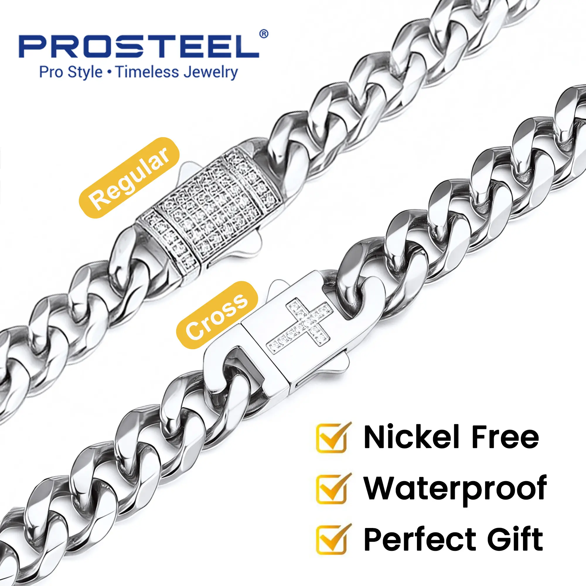 PROSTEEL Stainless Steel Cuban Link Chain for Men,With Lced Out Diamond Clasp Steel/Black/ Golden Cuban Chain Necklace , 6mm/9mm/12mm Width,18"-30", Send Gift Box Summervibe