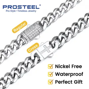 PROSTEEL Stainless Steel Cuban Link Chain for Men,With Lced Out Diamond Clasp Steel/Black/ Golden Cuban Chain Necklace , 6mm/9mm/12mm Width,18"-30", Send Gift Box Summervibe