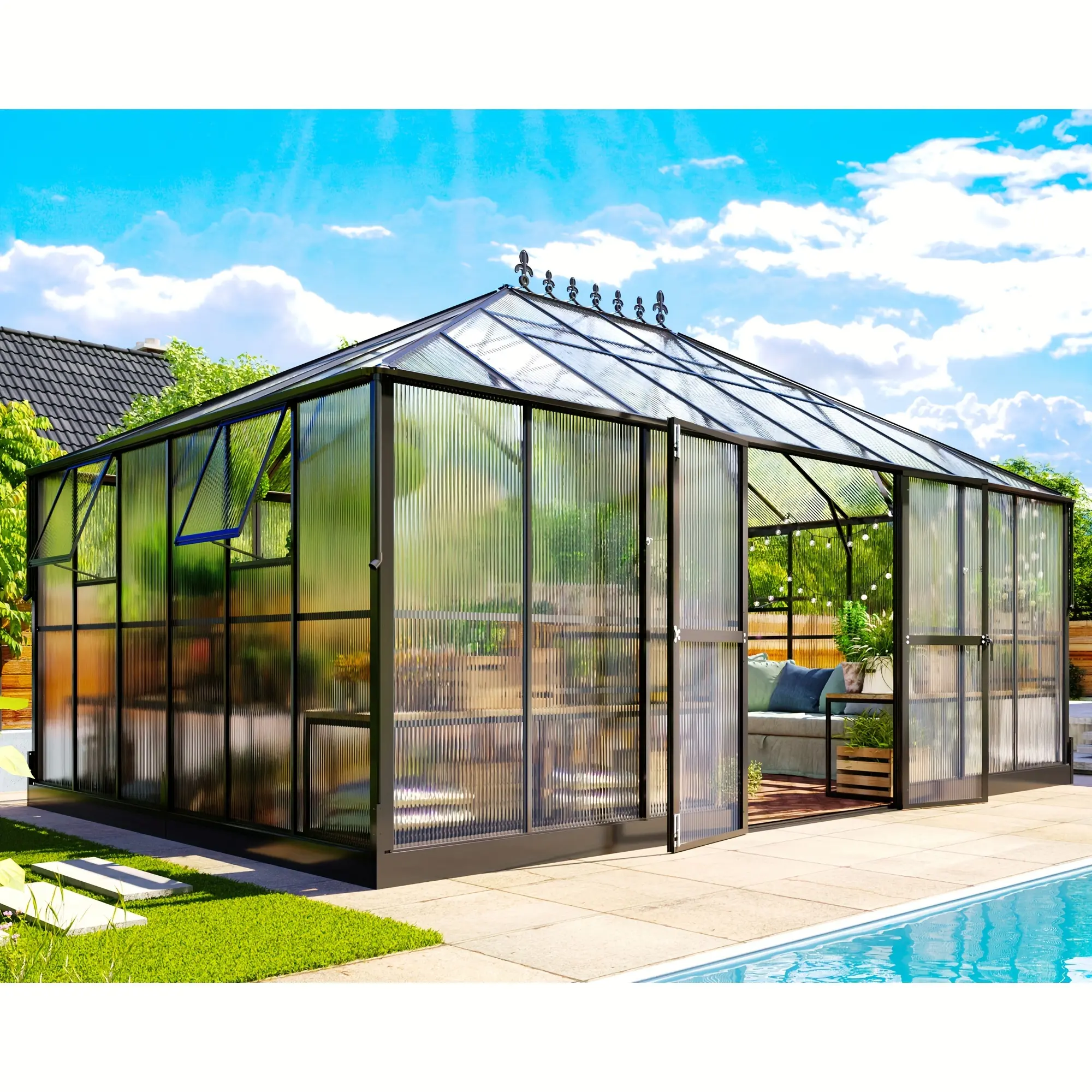 Premium 16x12x9.5ft Polycarbonate Greenhouse-6ft Wall Height Outdoor Aluminum Greenhouses with 2 Ventilation And Rain Gutter, Double Doors with Hook, Walk-in Greenhouse for Backyard Garden