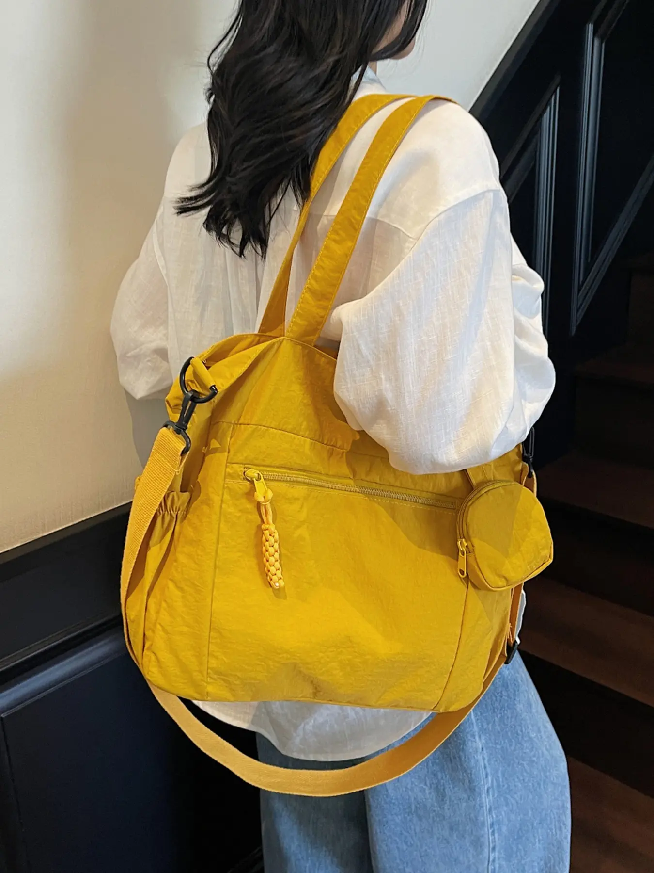 Practical texture style large capacity tote bag, retro casual simple versatile hand-held shoulder bag, with small bag pendant decoration, multi pocket design, suitable for commuting to and from work, outdoor travel, Commuter tote bag, Handheld bag