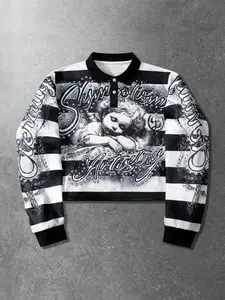American Vintage Striped Angel Print Cozy Long Sleeve Sweatshirt, Streetwear Cool Male Casual Style, Unique Eye-Catching Versatile Design, Spring & Fall Fashion Tops