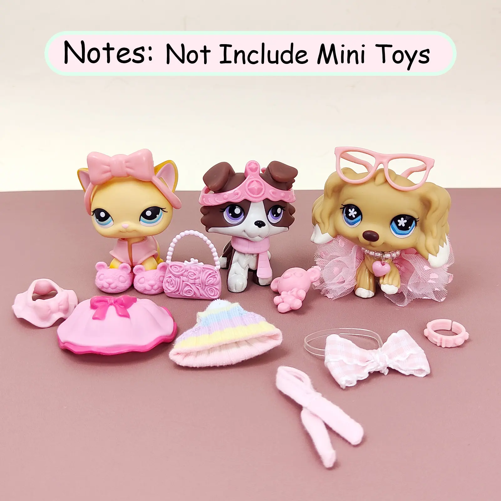 18 Pcs Pink Mini Doll Dress Up Accessories Playset, Tiny Doll Outfit Decor Includes Knit Hat, Tutu Skirt, Dress, Shoes, Glasses, Handbag, Hair Bows, Headband, Jewelry Bear Ornament, Miniature Dollhouse Pretend Play Gift for Girls