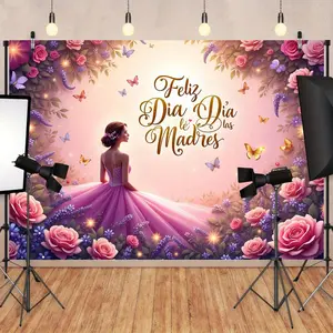1PC 2D Flat Polyester Spanish Mother's Day Backdrop - Feliz Dia De Las Madres Reusable Cloth with Pink Rose, Purple Lavender, Butterfly, Flower Design for Photography, Party Decorations Banners, Mother's Day Decoration